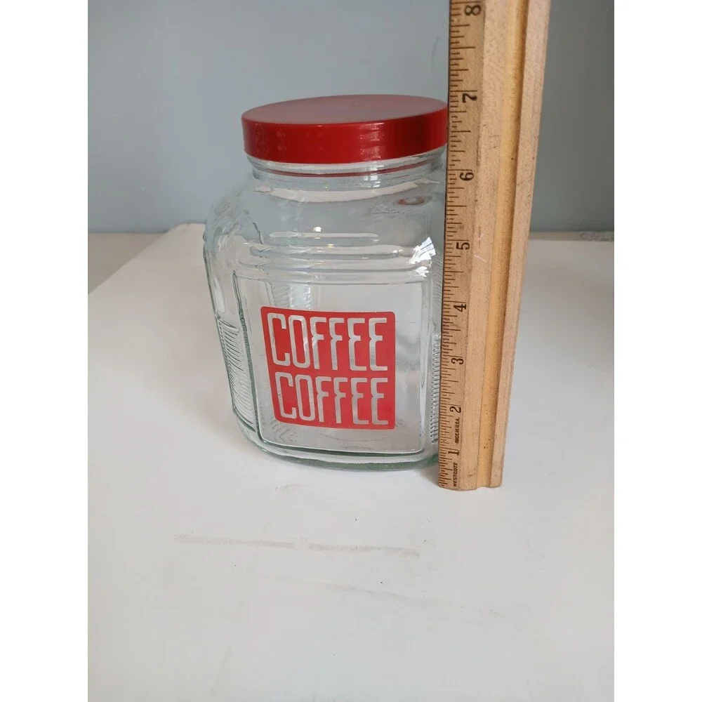 Vintage Hoosier Cabinet Glass Canister COFFEE Jar w/ Lid Red Letters